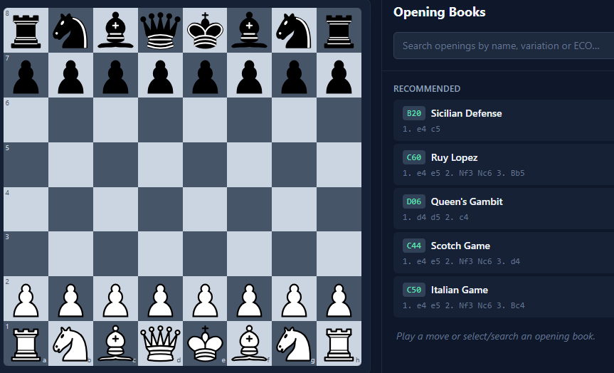 OnBook Chess showing the board and the Opening Books panel with recommended openings