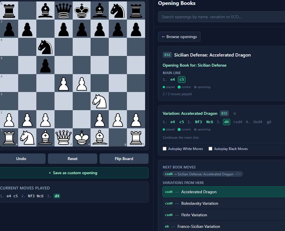 Study view of the Sicilian Defense: Accelerated Dragon with its main line, variation preview, next book moves and a list of variations