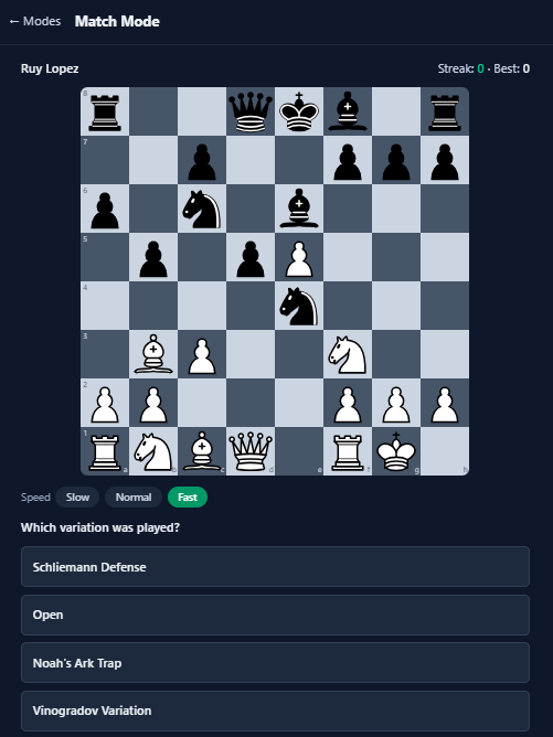 Match Mode practice: identify which Ruy Lopez variation was played from four choices
